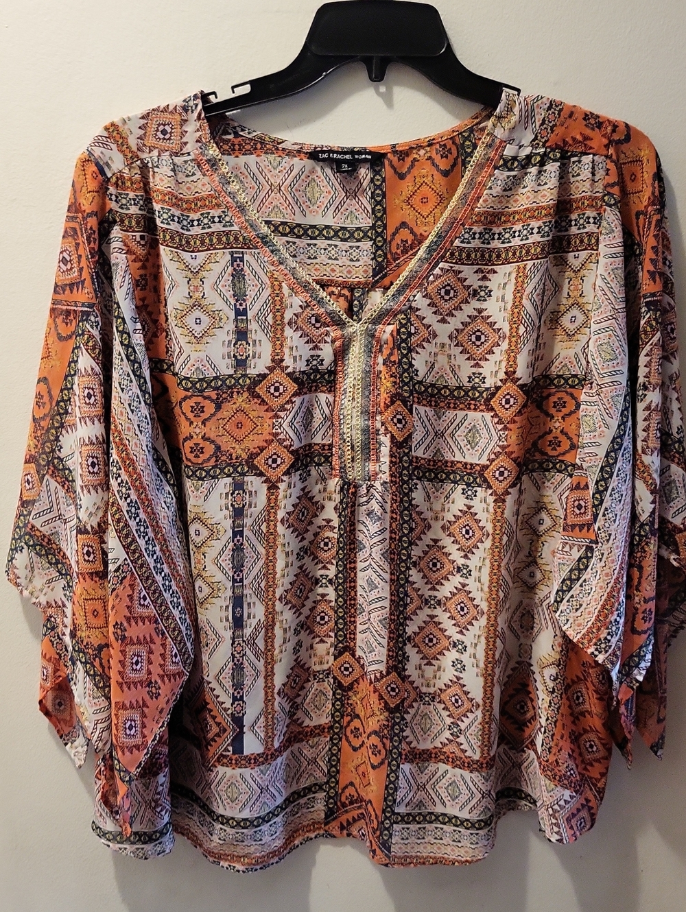 Zac & Rachel Orange and White Aztec-Print V-Neck Tunic